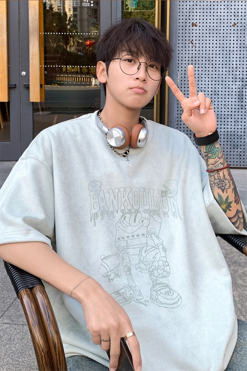 ！2025夏季新款男士烧花麂皮绒短袖T恤半袖TL2407特P26控48,男装T恤,电商B220