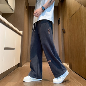 港风刺绣休闲长裤男高克重磅300g春夏直筒阔腿卫裤-2430-P30-控68图片