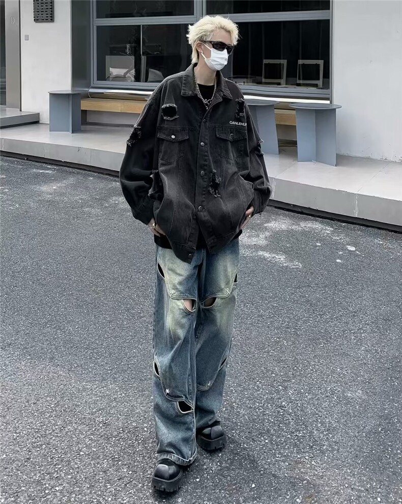 炸街破洞牛仔夹克男春秋季美式复古宽松上衣潮牌做旧痞帅工装外套,男装夹克,星座601-2