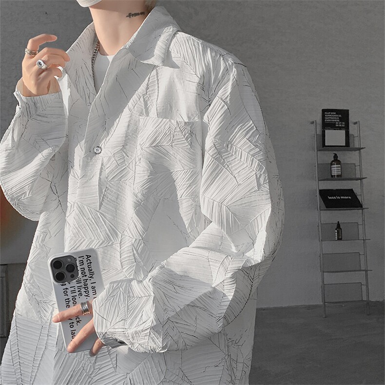 8XL-M小众解构肌理感裂纹垫肩花衬衫男高级感宽松衬衣男，男装衬衫，电商D206-1