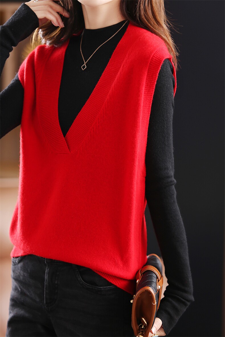 羊毛马甲女针织无袖背心外穿叠穿百搭坎肩大V领上衣，女装马甲，蒙莲贝斯