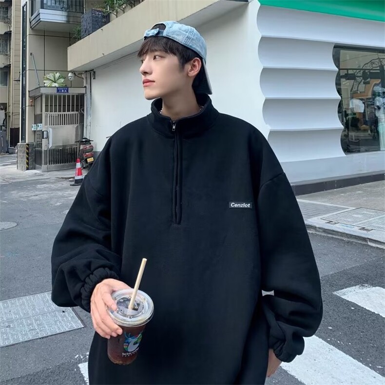 半拉链卫衣男ins潮痞帅炸街加绒外套宽松bf慵懒风上衣服WY722-P35图片