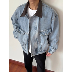 春秋韩版时髦cleanfit复古高级撞色短款牛仔夹克男士工装宽松外套，男装夹克，星座506A