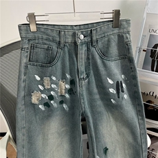 街头涂鸦撞色直筒牛仔裤男宽松夏季高街阔腿拖地长裤子T8850-p45，男装牛仔裤，星座1008