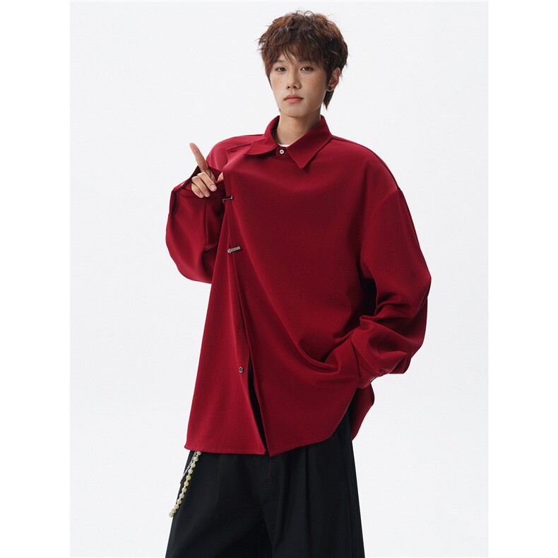 斜搭门襟金属扣新中式长袖衬衫大码设计感风衬衣外套LC302特P52，男装衬衫，电商B215