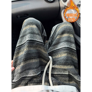 毛呢条纹美拉德保暖银狐绒男大码拖地休闲裤K5778J加绒-特P45控88图片
