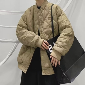 秋冬季日系高街菱格棒球棉服外套男韩版复古宽松休闲加厚保暖棉衣图片