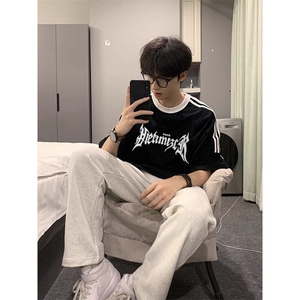 夏季美式高街重磅纯棉三条杠织带撞色男女短袖T恤ZD634-特P30图片