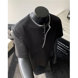 25新品 重磅曼巴棉亨利领设计刺绣短袖T恤衫上衣男 H1087 特P38图片