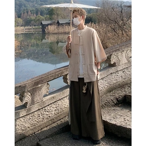 衬衫新中式中山装男女同款麻棉风复古中袖衬衣盘扣宽松上衣服图片