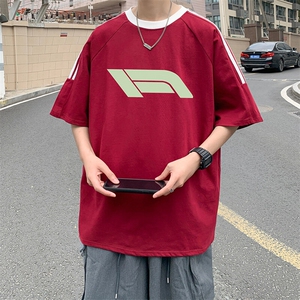 夏季美式高街重磅纯棉三条杠织带撞色男女短袖T恤ZD632-特P30图片