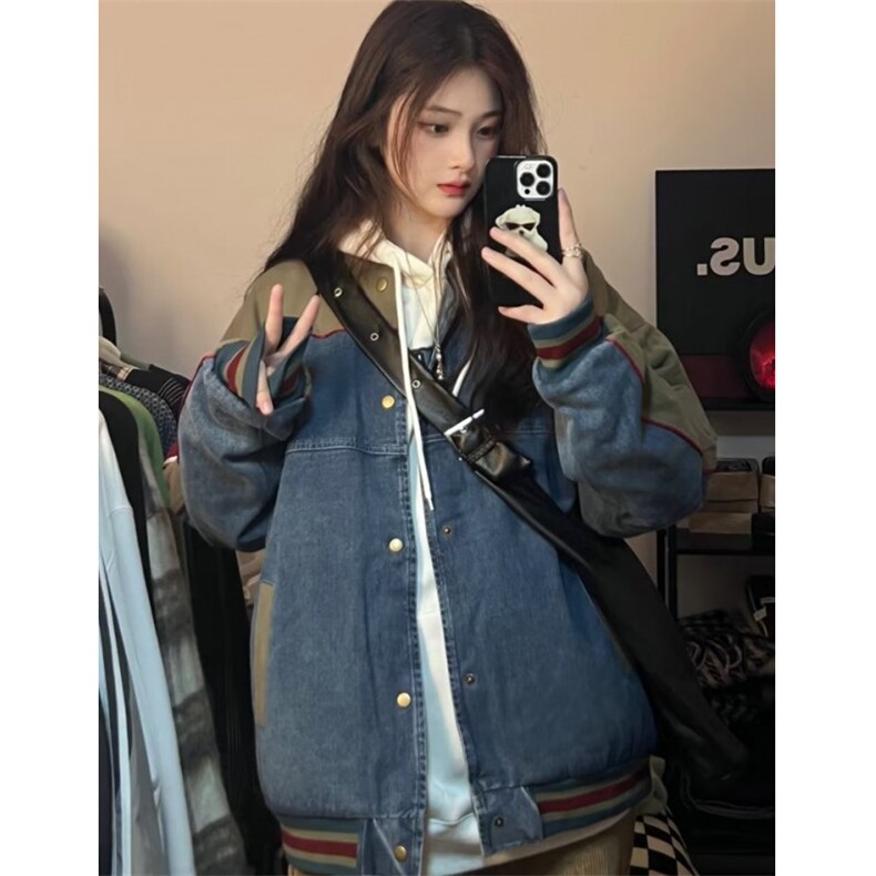 复古今年牛仔外套男女美秋季新款拼接百搭独特棒球服JK8527,男装工装外套,星座1116A（原606A-3）