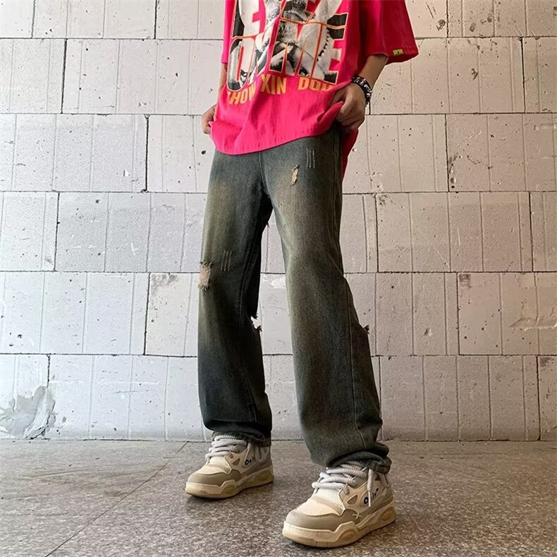 夏季破洞做旧牛仔裤子男款美式复古宽松百搭直筒裤高街痞帅阔腿裤,男装牛仔裤,星座1013