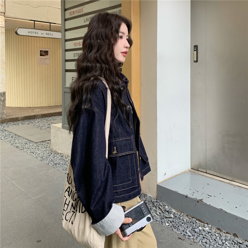 深蓝色设计感复古牛仔短外套女2025年春秋季新款韩版百搭显瘦夹克,女装短外套,2C016