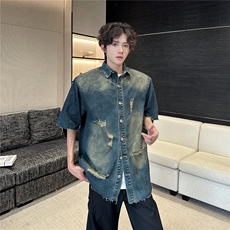 【有货】DM996-特批58夏季短袖牛仔衬衫男美式破洞牛仔夹克衬衫，男装衬衫，星座603-2