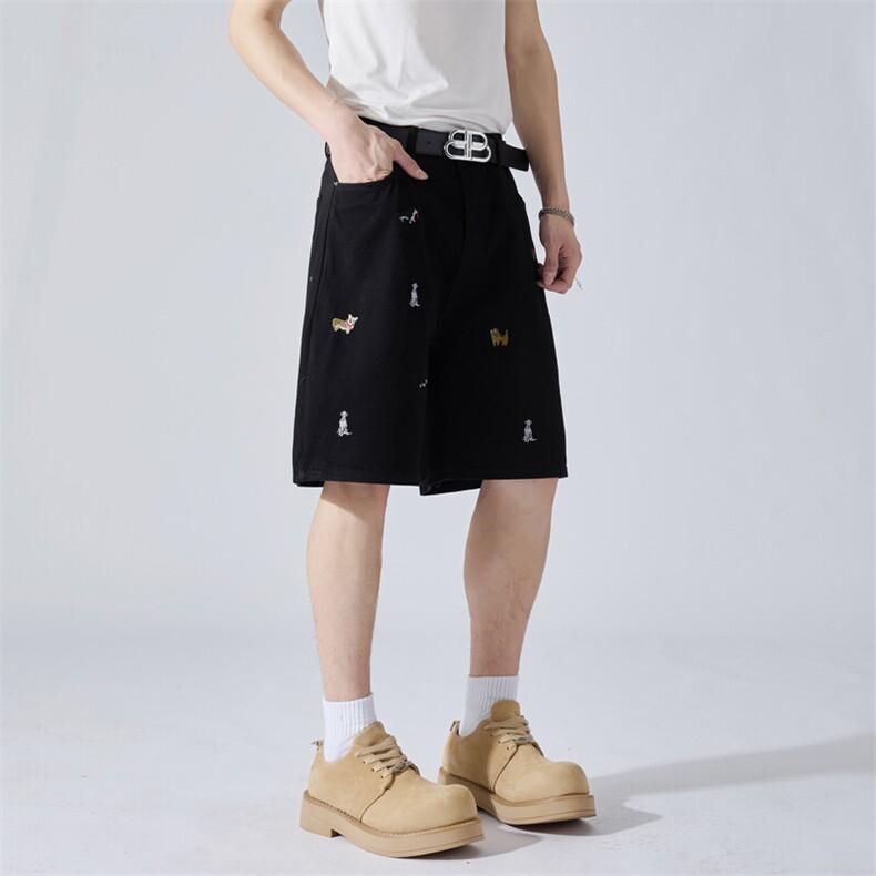 夏季刺绣牛仔裤男女潮牌美式复古直筒五分裤DK0322-P45图片