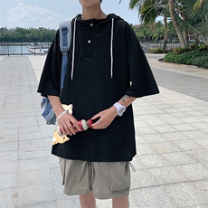 LD54164-P45连帽短袖t恤男大码胖子带帽五分袖中袖，男装T恤，电商A040