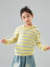 秋冬新款女童甜美连帽条纹羊毛针织毛衣宝宝打底帽衫羊绒外穿上衣，童装儿童羊毛衫，初丹羊绒童装
