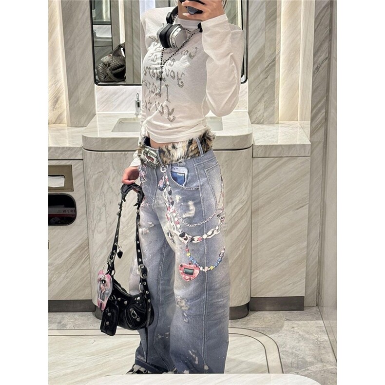 美式链条印花牛仔裤男女新款宽松显瘦直筒裤裤子潮AME103P57,男装牛仔裤,星座1013-5