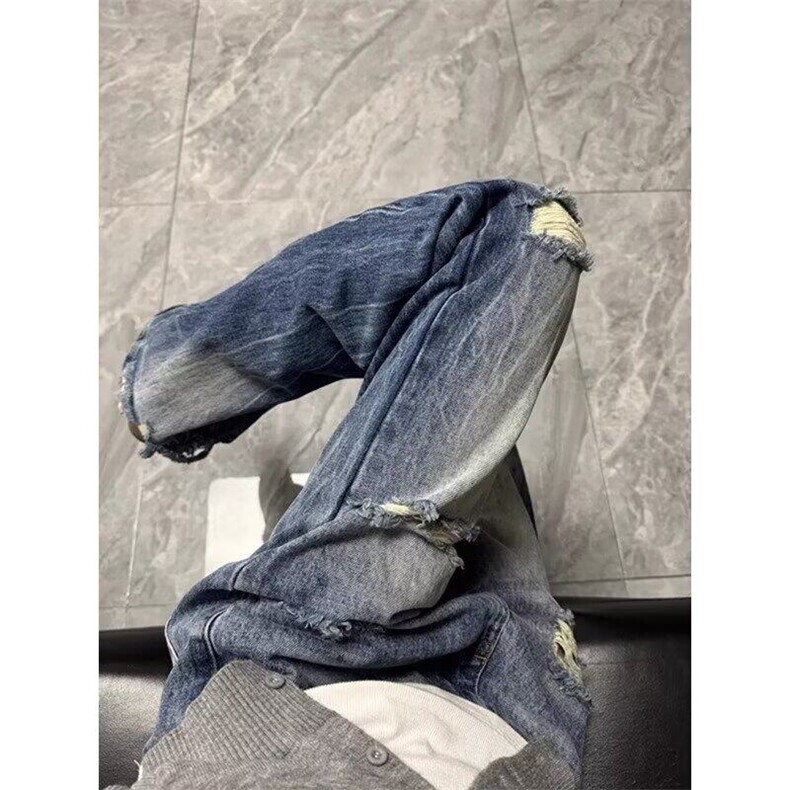 网图现货】美式宽松复古破洞休闲牛仔长裤K424/P45，女装牛仔裤，星座205-3