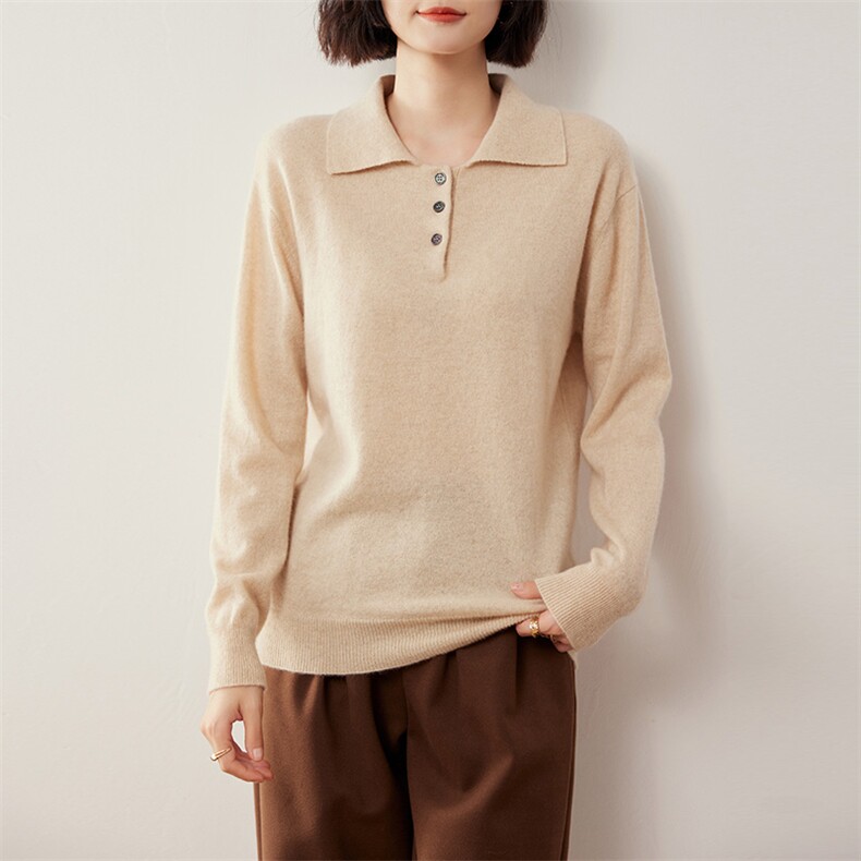 POLO领纯色35%羊绒衫女翻领polo领长袖短款小个子2024年秋季,女装羊绒衫,缇曼羊绒