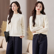 2025年冬季新款拼花边订珍珠扣打底毛衣，女装针织衫/毛衣，乐吉娜