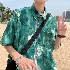 浅绿色短袖衬衫复古扎染设计感衬衣2022夏季韩版上衣 W3115-P28图片