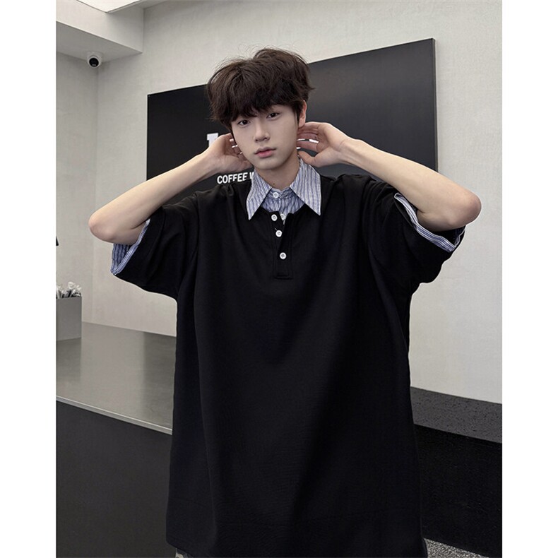 8XL-M假两件衬衫领短袖T恤大码夏季条纹拼接polo衫半袖DX1211/P45,男装Polo衫,电商B238