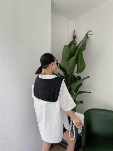 撞色拼接蕾丝花边小衫，女装，姚姚家