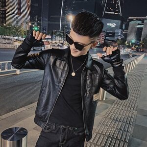 休闲修身翻领韩版机车服痞帅社会小伙水洗皮衣夹克D809-P118控148图片