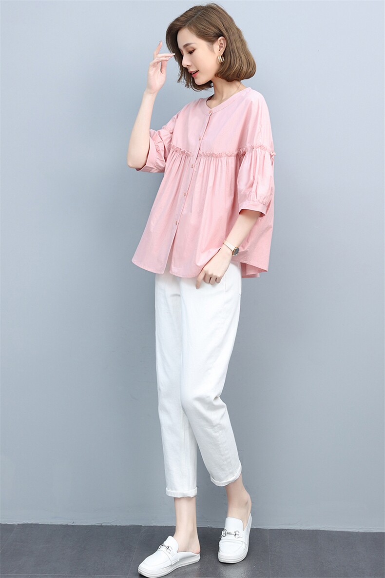 2021夏季新款简约时尚气质圆领单排扣门襟花边褶皱休闲上衣,女装T恤,悦见她