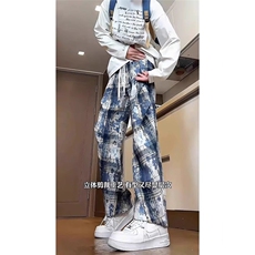 美式复古扎染格子休闲裤男阔腿裤春夏季款情侣裤子直筒长裤子，男装休闲裤，星座506A