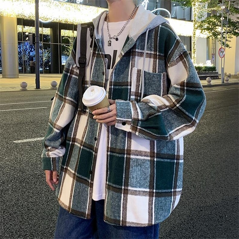 特批P38无差价24秋款呢料格子磨毛连帽衬衫男港风衬衣外套J25858，男装衬衫，电商A001-1