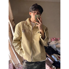 卡其色水洗帆布外套男春秋美式翻领棒球服底特律工装夹克，男装夹克，四季星座505