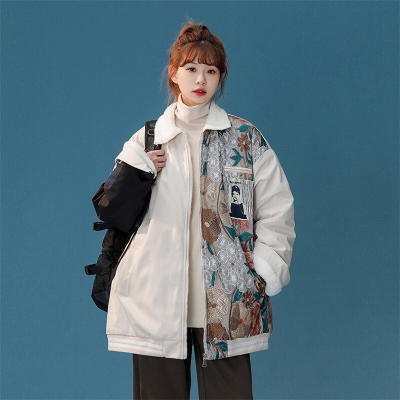 1中性风刺绣拼接翻领羊羔毛棉衣女棉服女外套女8723P110控148,女装棉衣/棉服,星座226-2