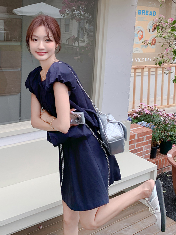 藏青色时尚一整套穿搭泡泡袖上衣套装裙女2025夏新款半身裙两件套,女装套装/套裙,浙宝220