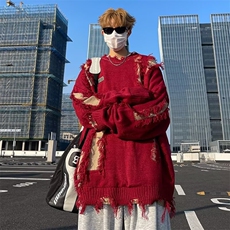 不规则破洞圆领针织衫男秋冬季街头慵懒风宽松情侣毛衣7178，男装针织衫/毛衣，星座506