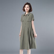 2021年夏季中长款格子套头A字裙40-49周岁POLO领韩版裙子高腰，女装连衣裙，伊满意