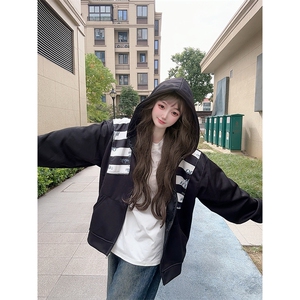 高品质春装新款美式高街潮牌解构设计休闲连帽卫衣男女慵懒风外套图片