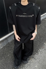 CulturE解构金属飞机扣一字肩短袖t恤男款美式高街垫肩大码半截袖，男装T恤，电商D206-1