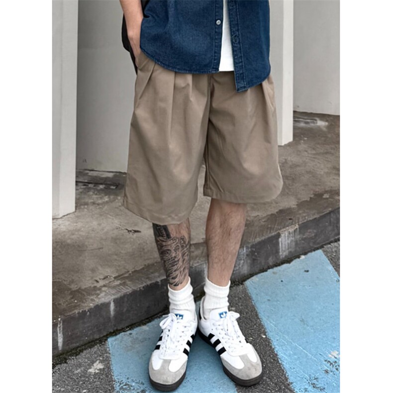 夏季宽松休闲日系卡其色短裤百搭打褶松紧腰阔腿五分裤 K3303图片