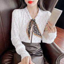 设计感长袖蕾丝衬衫女2021秋新款宽松百搭时尚纯色洋气上衣潮，女装蕾丝衫/雪纺衫，潮品会