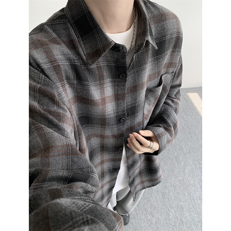 衬衫男秋季新款港风宽松大码磨毛格子长袖衬衣CS6639-P35,男装衬衫,星座214-3