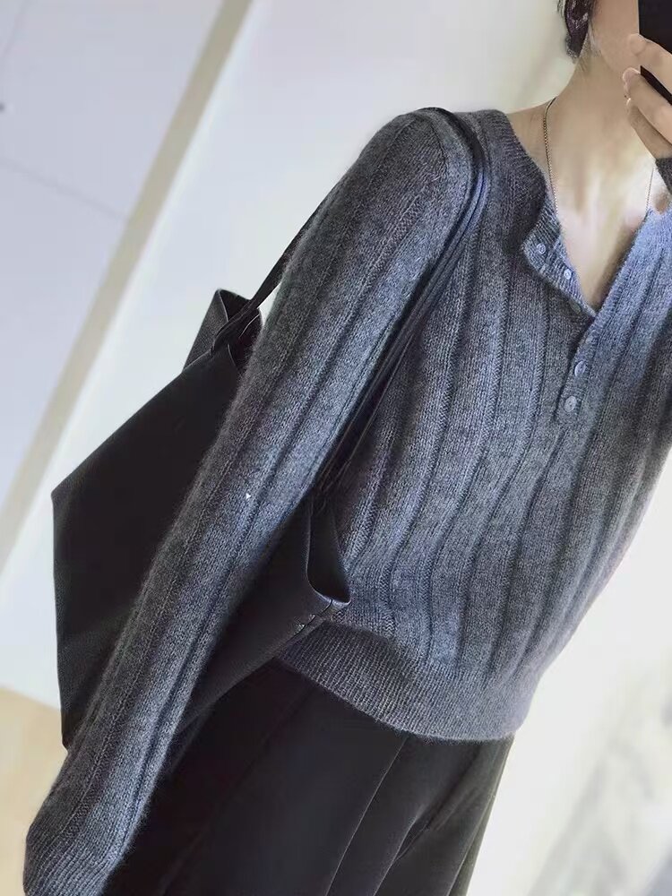 女士7针纯毛坑条半开领系扣羊毛衫，女装羊毛衫，百纯羊绒