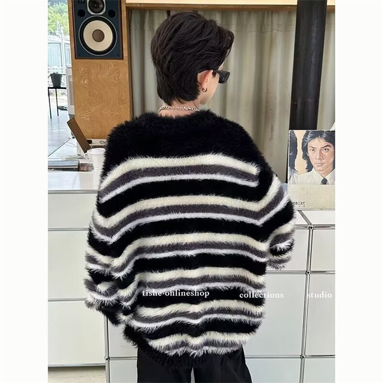 1506/QY3010/P53小众设计黑白条纹马海毛圆领毛衣,男装针织衫/毛衣,星座1506