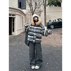 网图有货条纹毛领可拆线连帽棉服外套男女保暖棉衣A1117-P130，男装棉衣，星座1505