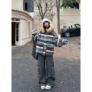 网图有货 条纹毛领可拆线连帽棉服外套男女保暖棉衣 A1117-P130图片