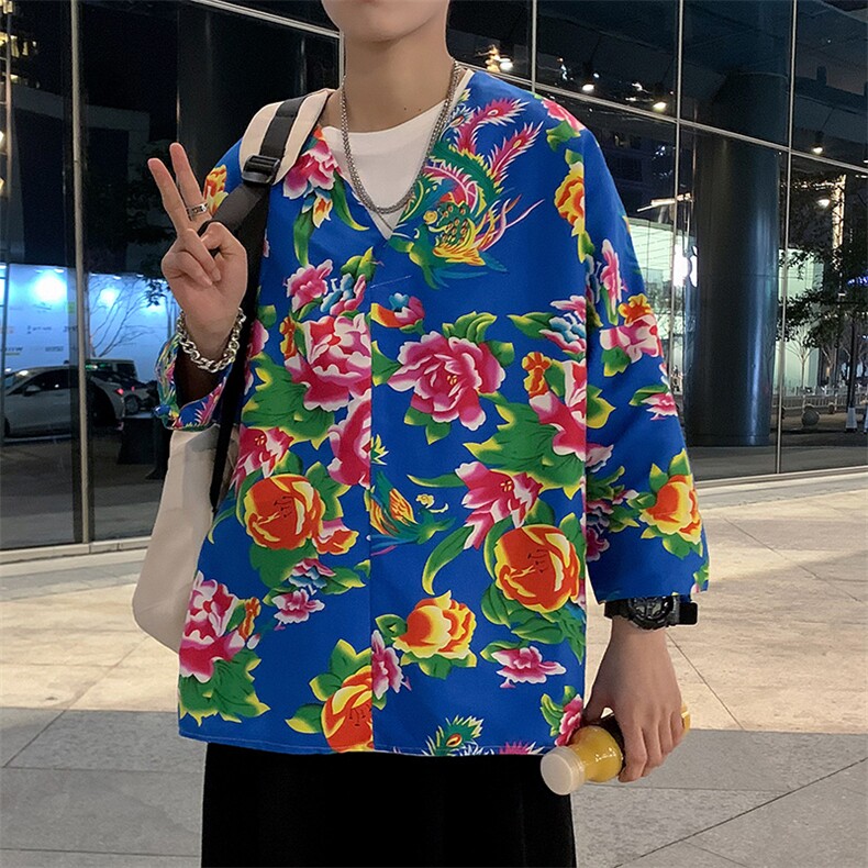 C7022男士休闲大码大花大V领七分袖T恤外套风民族特色套头TEE,男装T恤,星座115A(原星座507）