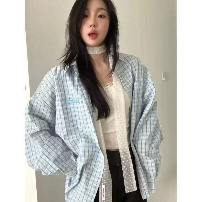 2025新款长袖蓝色格子衬衫薄款韩版宽松防晒衬衣休闲上衣外套,男装防晒衣,星座1210-1