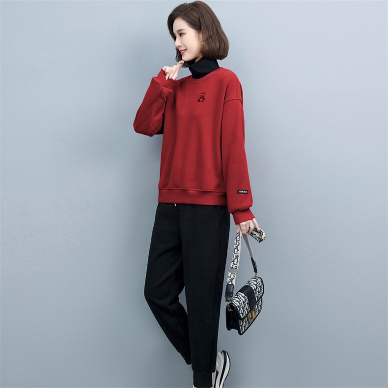 卫衣两件套秋冬宽松加绒加厚高领卫衣女休闲裤中老年妈妈装,女装套装/套裙,璐依舞